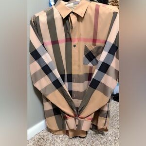 Burberry Beige, Black & Gray Plaid Button-Down Shirt